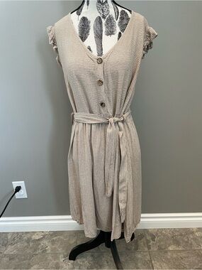 Sleeveless V-Neck Midi Dress with Tie Waist in Light Beige